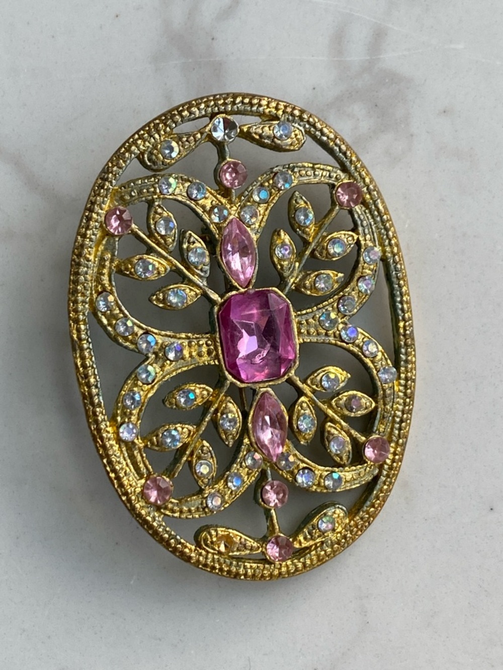 Vintage Ornate Gold tone  with Pink Rhinestone Pin Victorian Revival Aesthetic